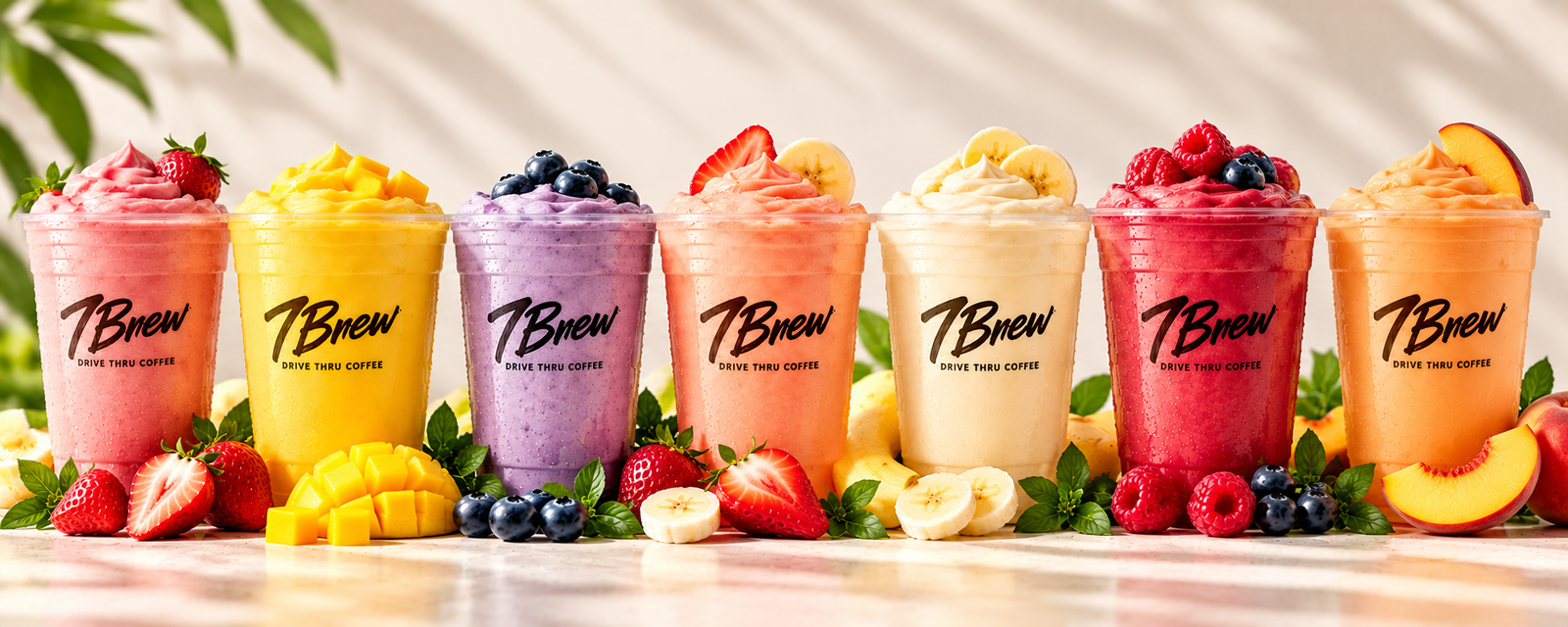 7 Brew smoothies lineup showing tropical berry and mango flavors